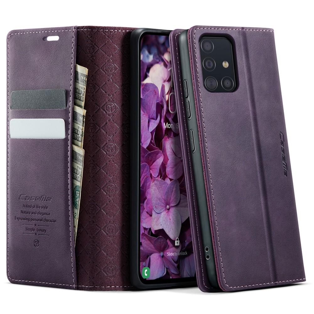 CASEME For Samsung Galaxy A51 4G SM-A515 Case 033 Series RFID Blocking Wallet Stand Calf Texture Leather Phone Cover - Purple
