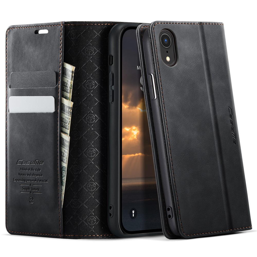 For iPhone XR 6.1 inch Case CASEME 033 Series RFID Blocking Wallet Stand Calf Texture Leather Phone Cover - Black