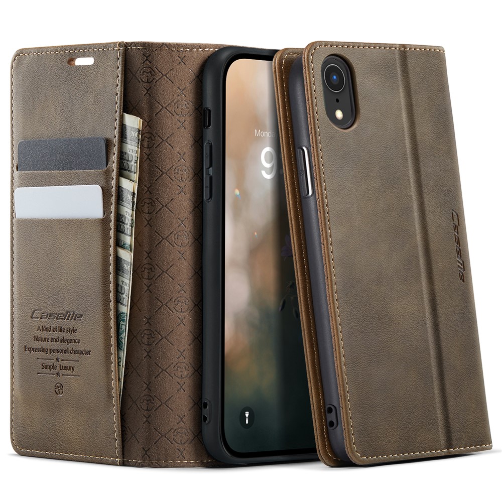 For iPhone XR 6.1 inch Case CASEME 033 Series RFID Blocking Wallet Stand Calf Texture Leather Phone Cover - Coffee