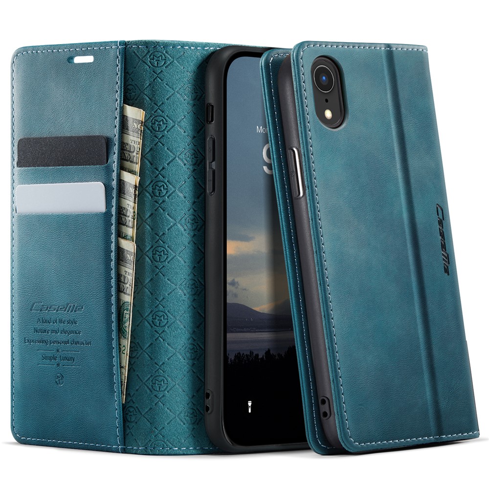 For iPhone XR 6.1 inch Case CASEME 033 Series RFID Blocking Wallet Stand Calf Texture Leather Phone Cover - Green