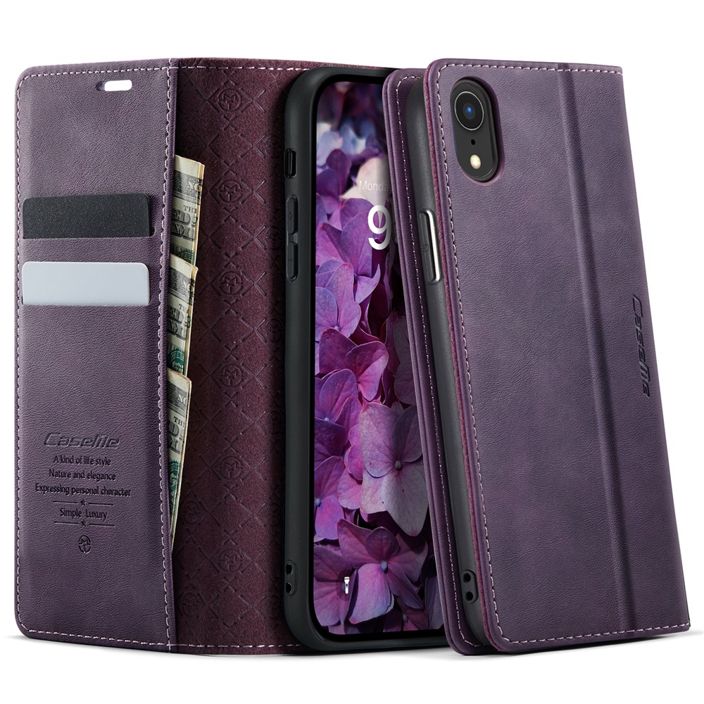 For iPhone XR 6.1 inch Case CASEME 033 Series RFID Blocking Wallet Stand Calf Texture Leather Phone Cover - Purple