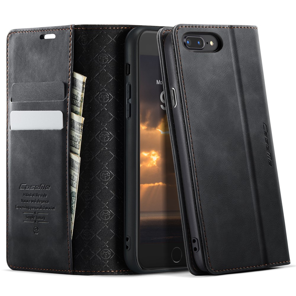 CASEME For iPhone 7 Plus 5.5 inch / iPhone 8 Plus 5.5 inch / iPhone 6 Plus 5.5 inch Case 033 Series RFID Blocking Wallet Stand Calf Texture Leather Phone Cover - Black