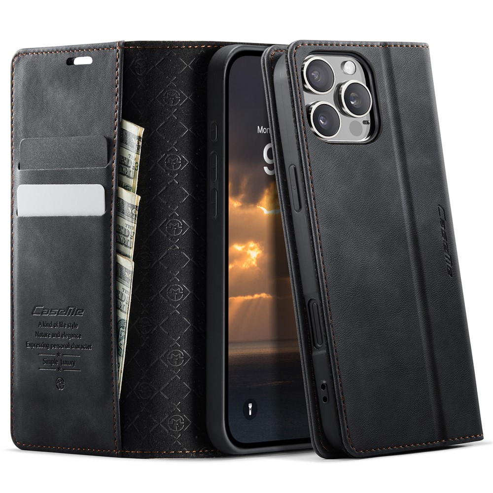 For iPhone 16 Pro Case CASEME 033 Series RFID Blocking Wallet Stand Calf Texture Leather Phone Cover - Black