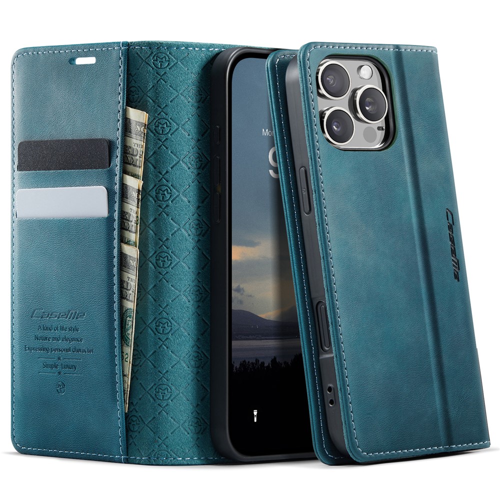 For iPhone 16 Pro Case CASEME 033 Series RFID Blocking Wallet Stand Calf Texture Leather Phone Cover - Green