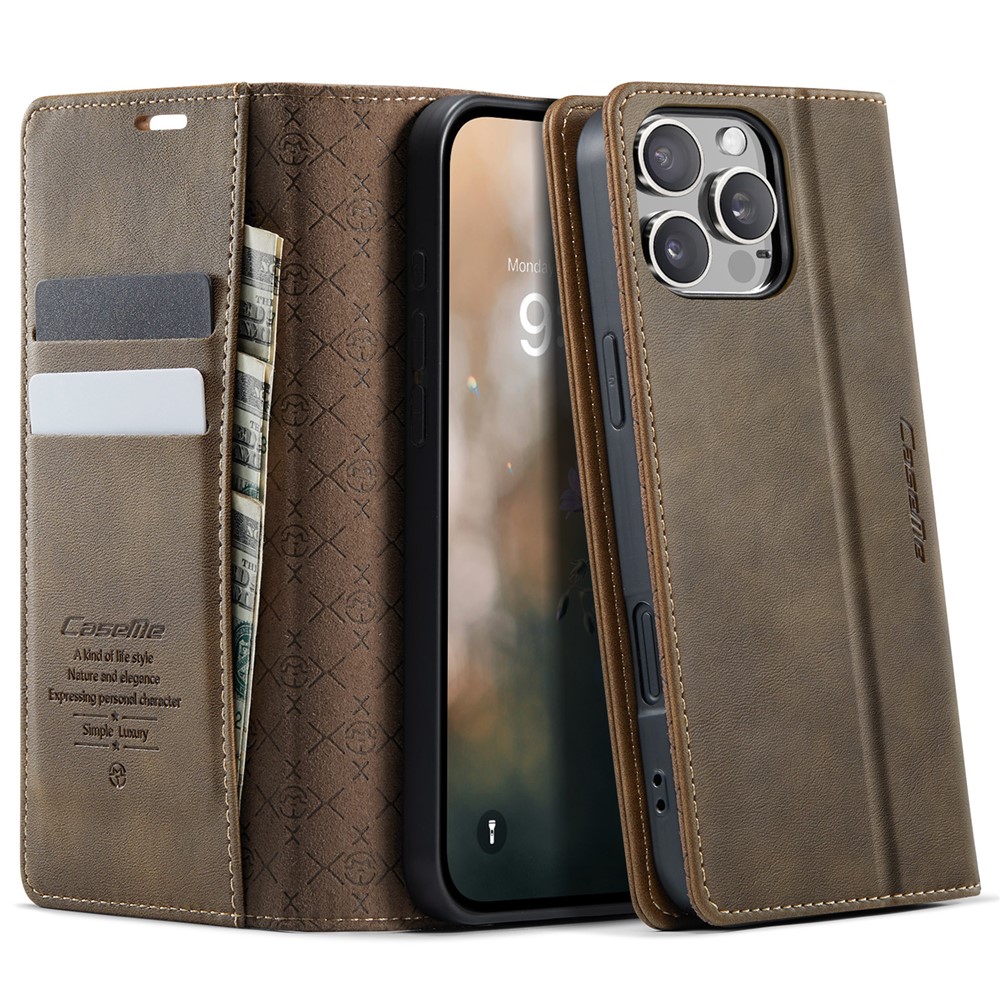 For iPhone 16 Pro Max Case CASEME 033 Series RFID Blocking Wallet Stand Calf Texture Leather Phone Cover - Coffee