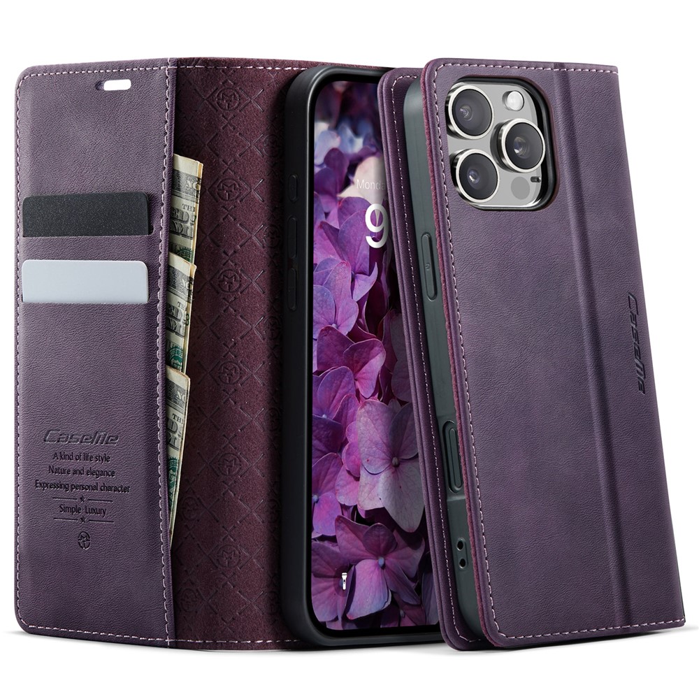 For iPhone 16 Pro Max Case CASEME 033 Series RFID Blocking Wallet Stand Calf Texture Leather Phone Cover - Purple