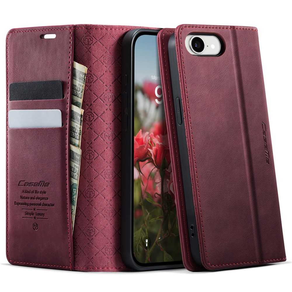 CASEME 033 Series For iPhone 16e Case RFID Blocking Wallet Stand Calf Texture Leather Phone Cover - Red