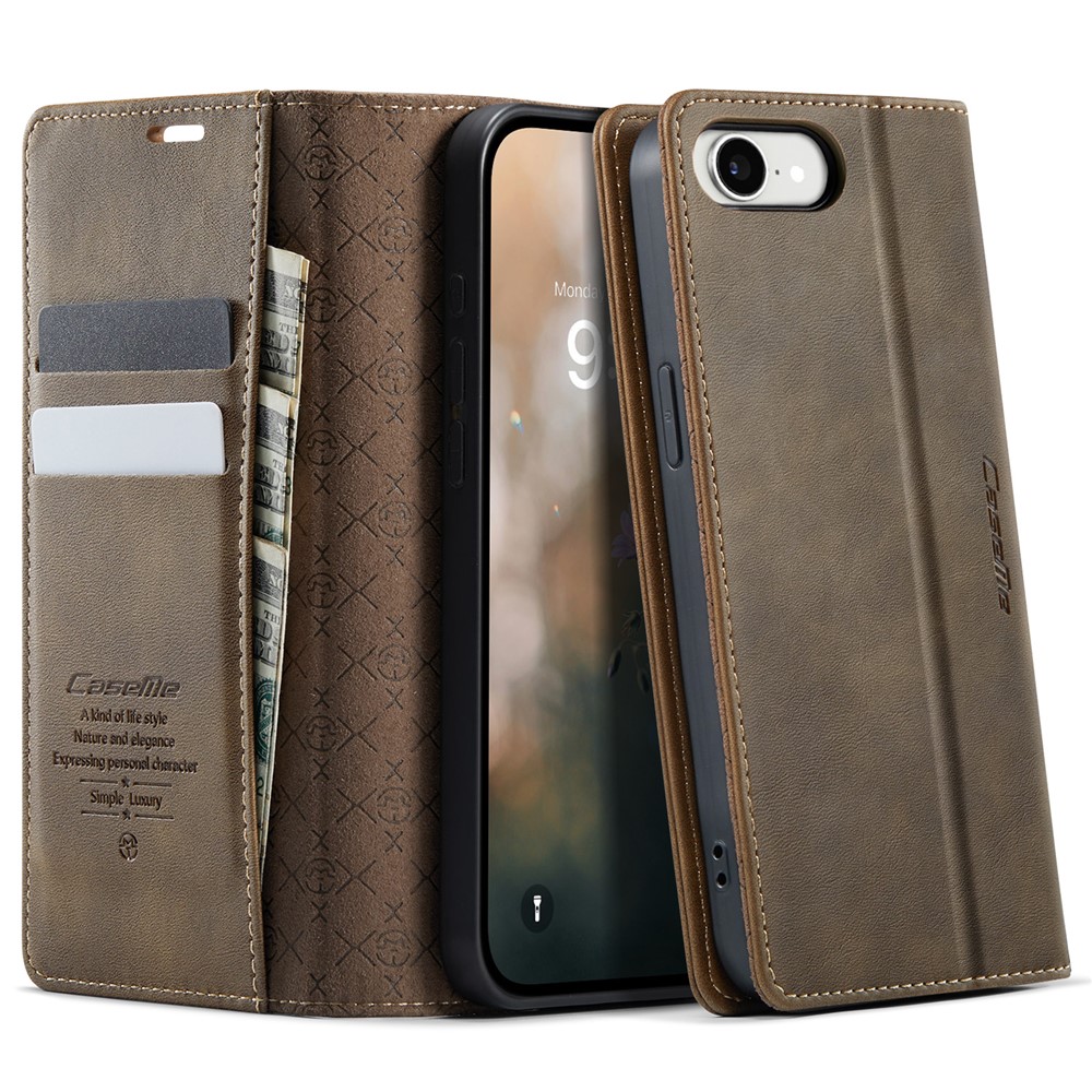 CASEME 033 Series For iPhone 16e Case RFID Blocking Wallet Stand Calf Texture Leather Phone Cover - Coffee