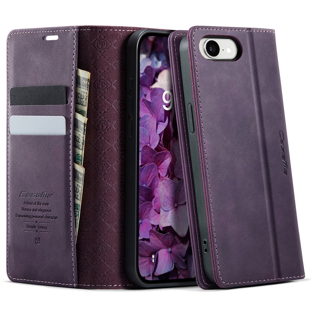 CASEME 033 Series For iPhone 16e Case RFID Blocking Wallet Stand Calf Texture Leather Phone Cover - Purple