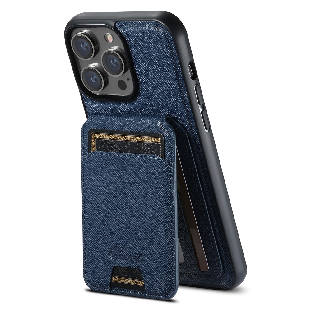 SUTENI H18 For iPhone 15 Pro Max Magnetic Case Cross Texture Leather + TPU Cover with Detachable Card Bag - Blue