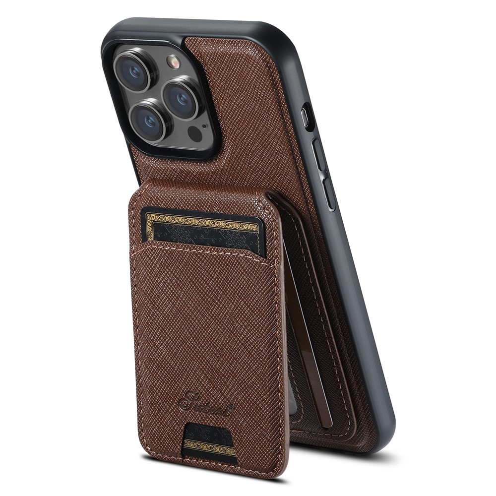SUTENI H18 For iPhone 15 Pro Magnetic Case Cross Texture Leather + TPU Cover with Detachable Card Bag - Brown