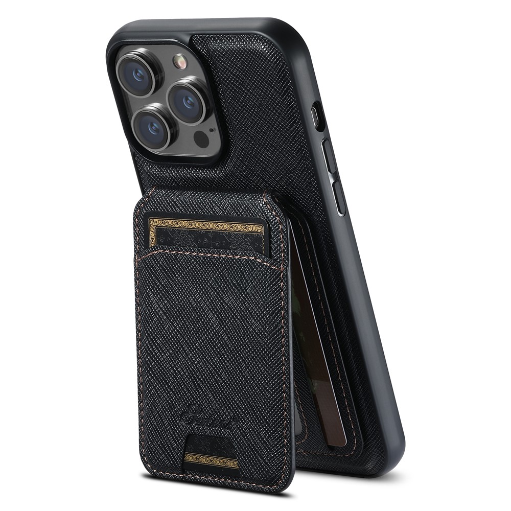 SUTENI H18 For iPhone 15 Pro Magnetic Case Cross Texture Leather + TPU Cover with Detachable Card Bag - Black