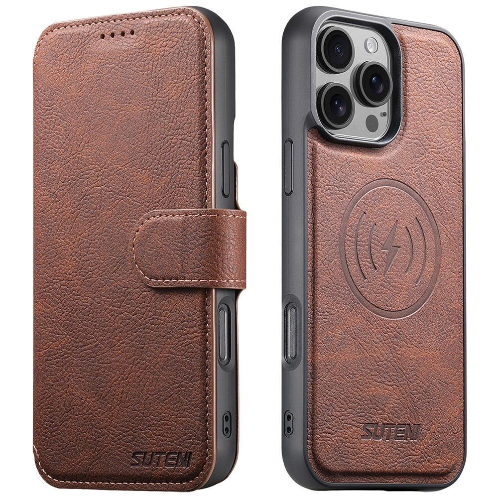SUTENI Q-05 For iPhone 16 Pro Max Case Detachable Wallet Stand Litchi Texture Leather Flip Phone Cover - Brown