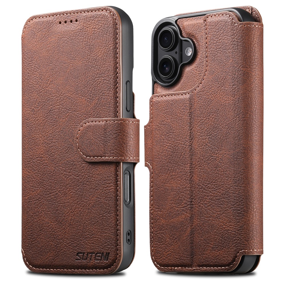 SUTENI Q-05 For iPhone 16 Plus Case Detachable Wallet Stand Litchi Texture Leather Flip Phone Cover - Brown