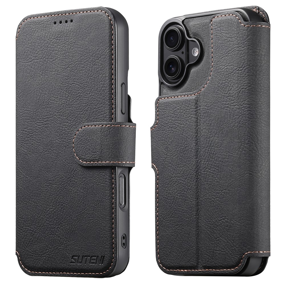 SUTENI Q-05 For iPhone 16 Plus Case Detachable Wallet Stand Litchi Texture Leather Flip Phone Cover - Black