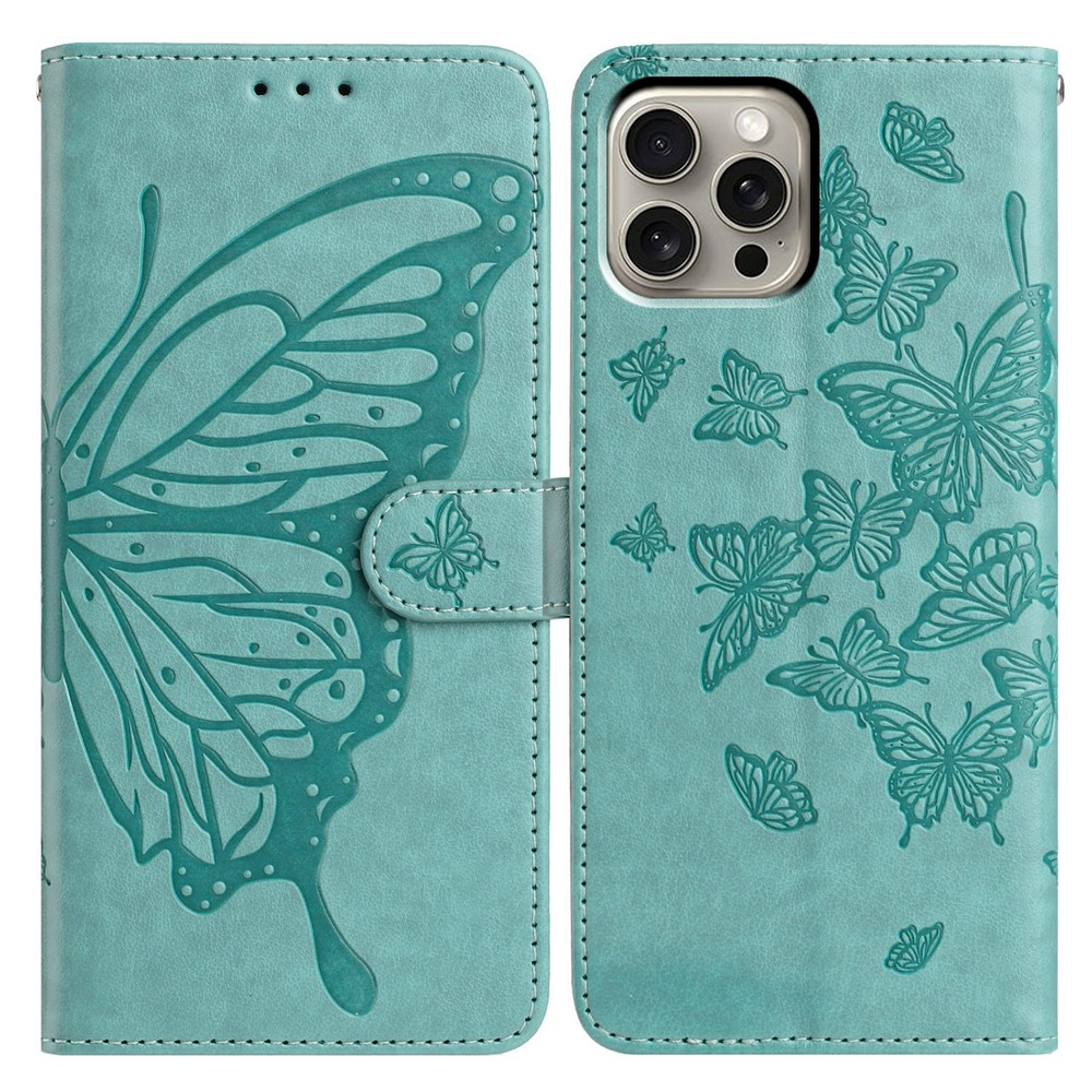 For iPhone 16 Pro Max Case Butterfly Imprinted Wallet Stand PU Leather Flip Phone Cover with Strap - Green