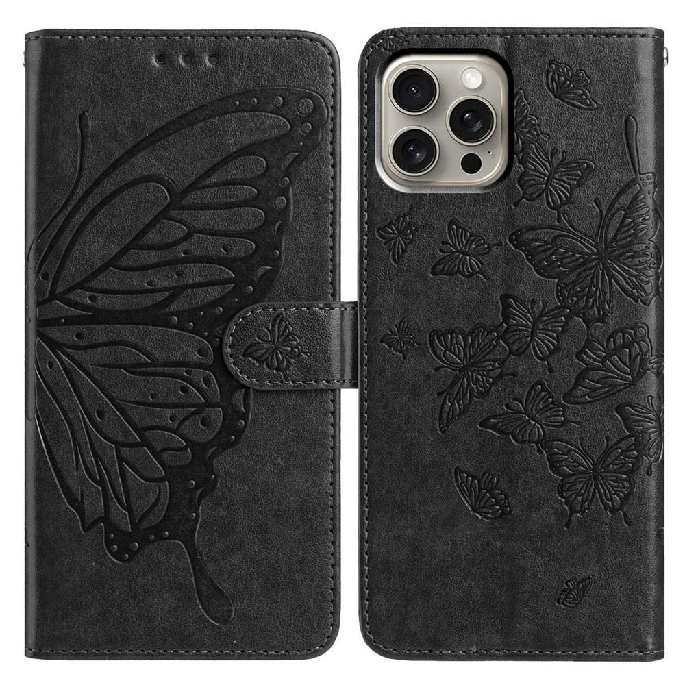 For iPhone 16 Pro Max Case Butterfly Imprinted Wallet Stand PU Leather Flip Phone Cover with Strap - Black