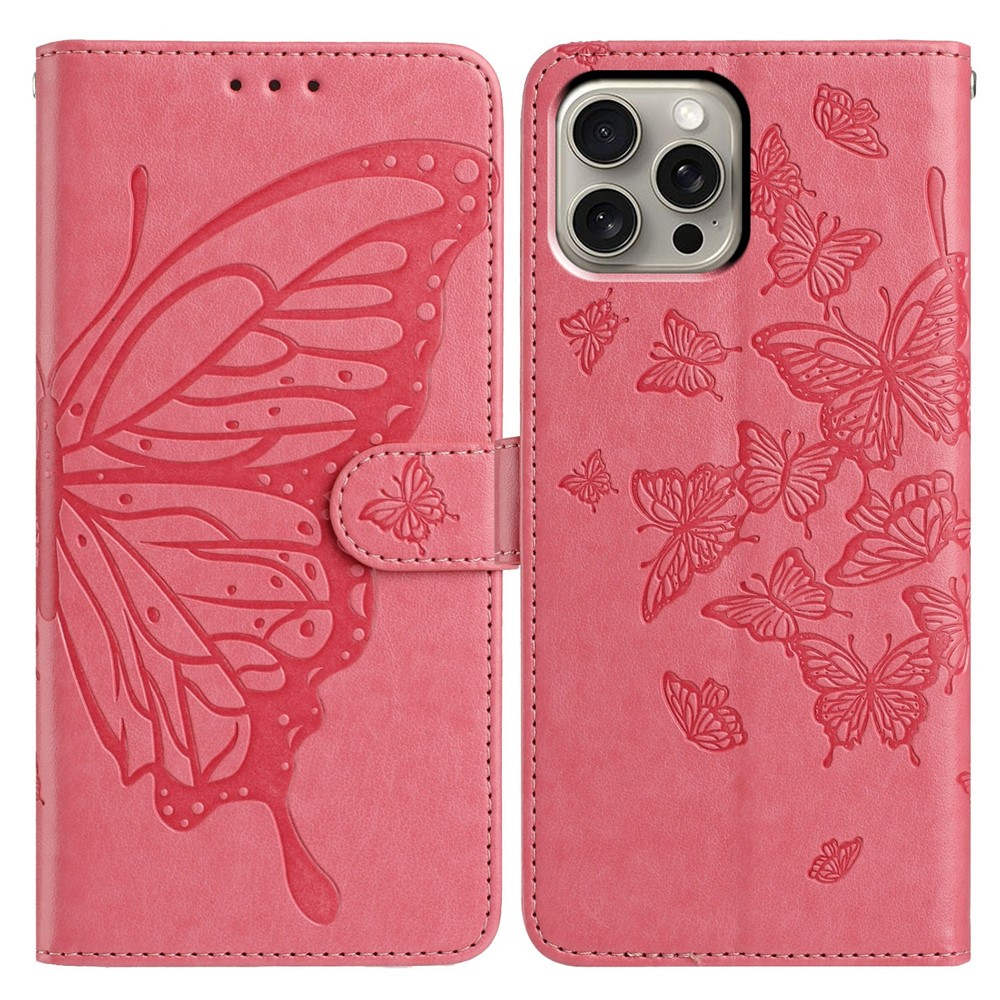 For iPhone 16 Pro Max Case Butterfly Imprinted Wallet Stand PU Leather Flip Phone Cover with Strap - Rose