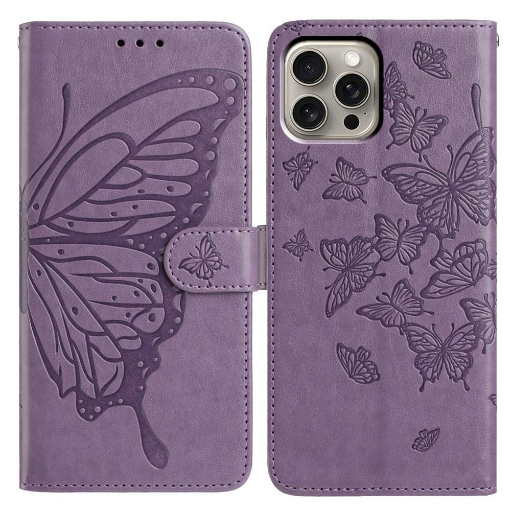 For iPhone 16 Pro Max Case Butterfly Imprinted Wallet Stand PU Leather Flip Phone Cover with Strap - Purple