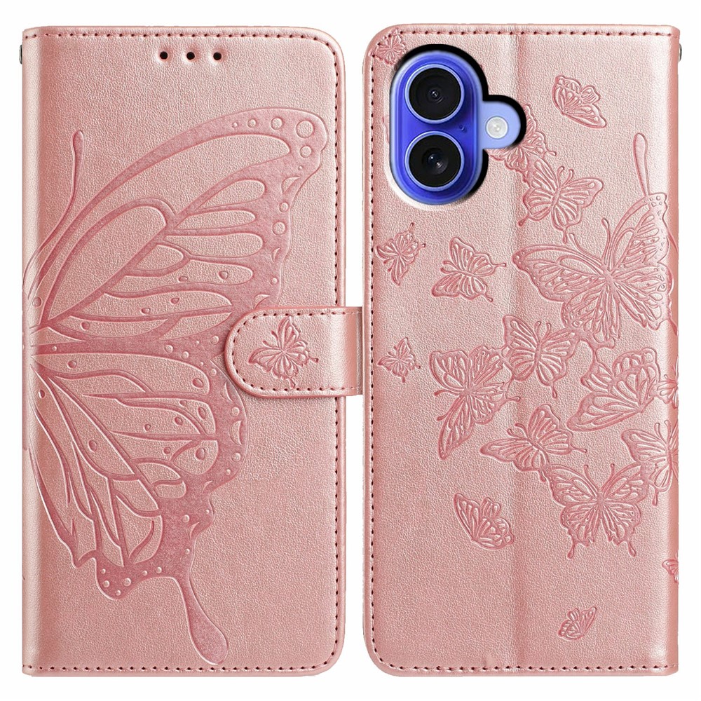 For iPhone 16 Plus Case Butterfly Imprinted Wallet Stand PU Leather Flip Phone Cover with Strap - Rose Gold