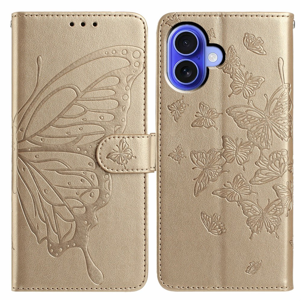 For iPhone 16 Plus Case Butterfly Imprinted Wallet Stand PU Leather Flip Phone Cover with Strap - Gold