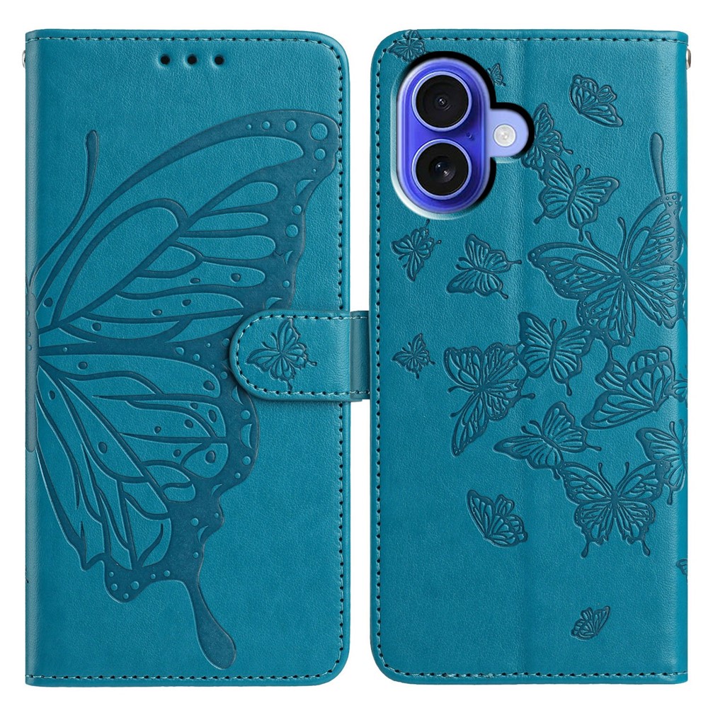 For iPhone 16 Plus Case Butterfly Imprinted Wallet Stand PU Leather Flip Phone Cover with Strap - Blue