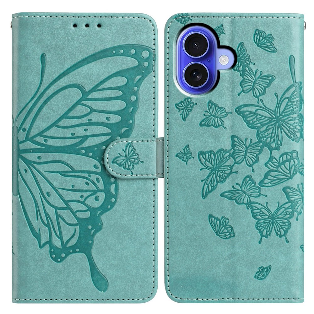 For iPhone 16 Plus Case Butterfly Imprinted Wallet Stand PU Leather Flip Phone Cover with Strap - Green