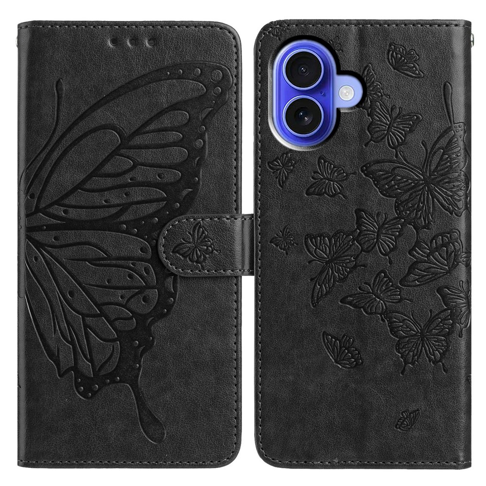 For iPhone 16 Plus Case Butterfly Imprinted Wallet Stand PU Leather Flip Phone Cover with Strap - Black