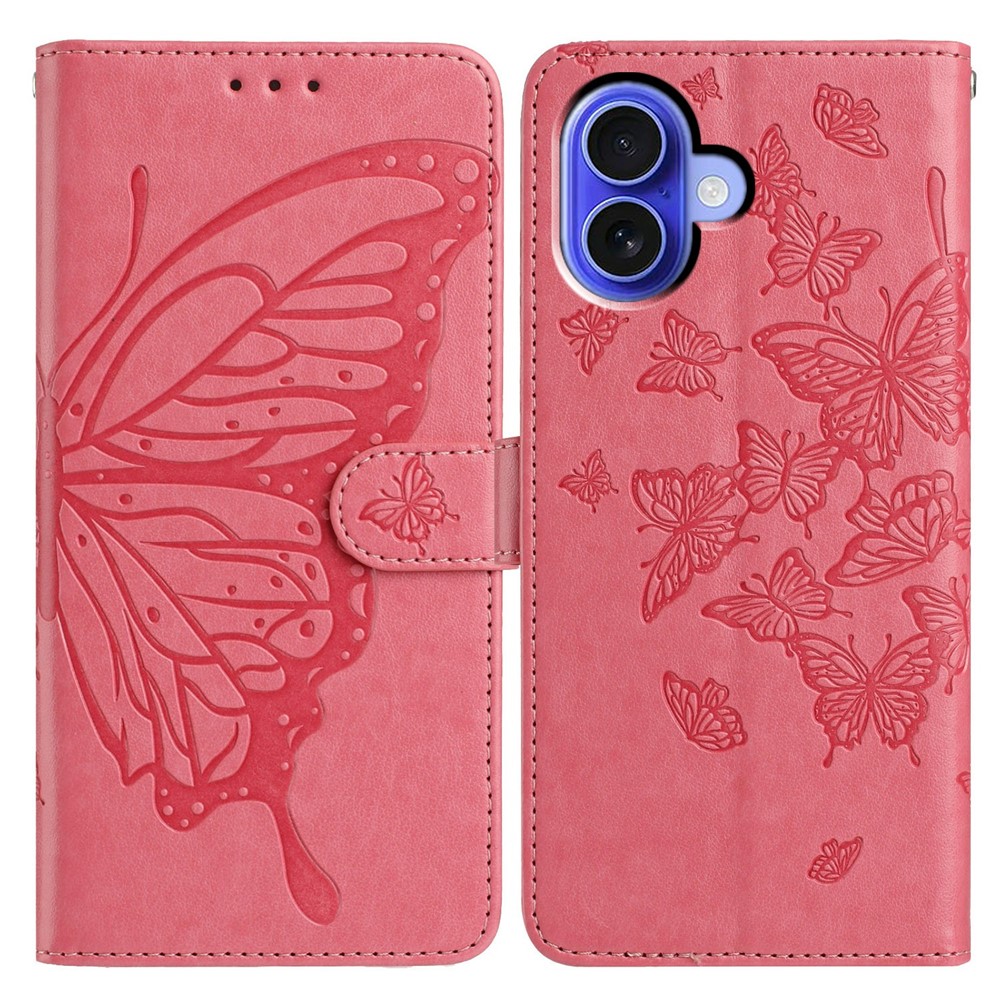 For iPhone 16 Plus Case Butterfly Imprinted Wallet Stand PU Leather Flip Phone Cover with Strap - Rose