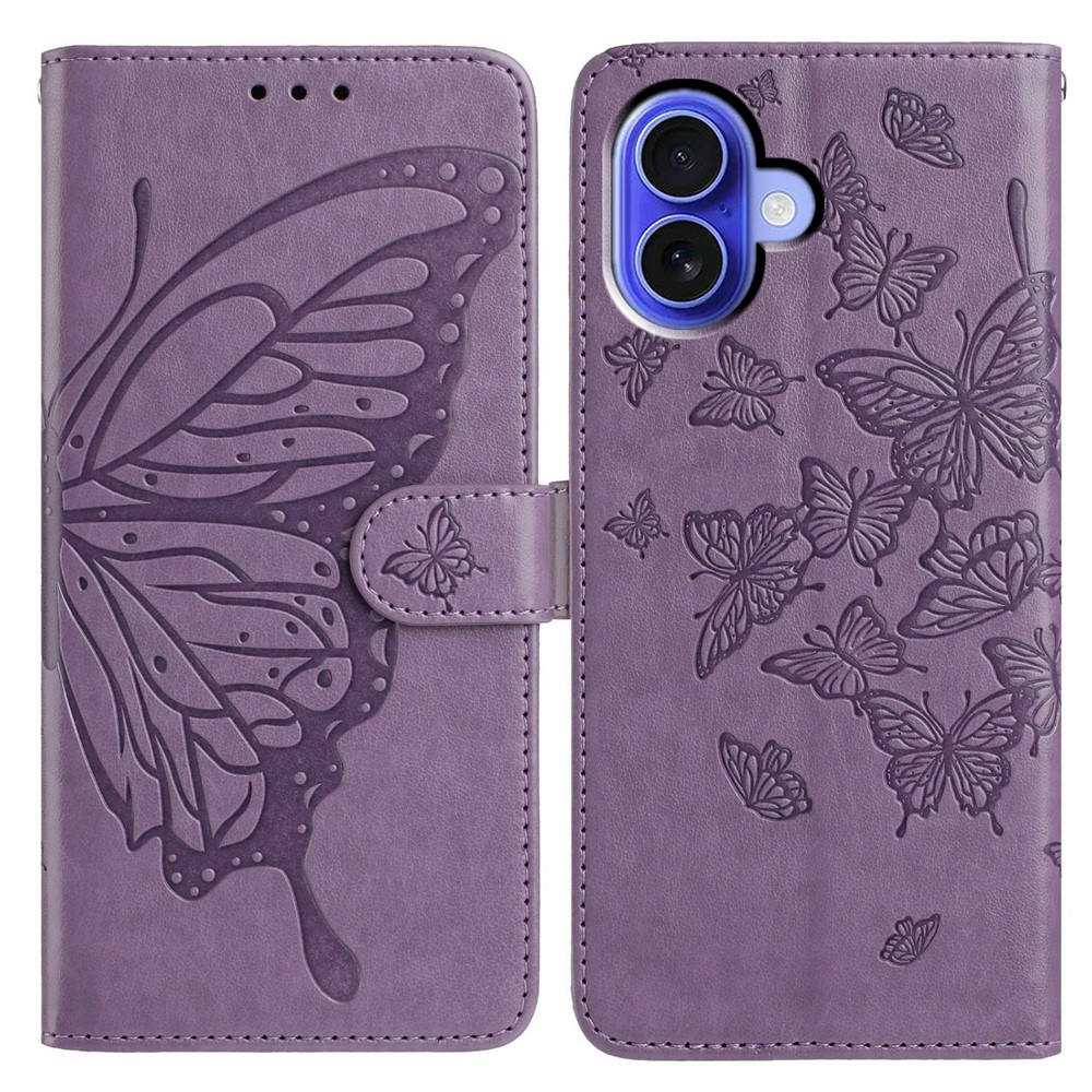 For iPhone 16 Plus Case Butterfly Imprinted Wallet Stand PU Leather Flip Phone Cover with Strap - Purple
