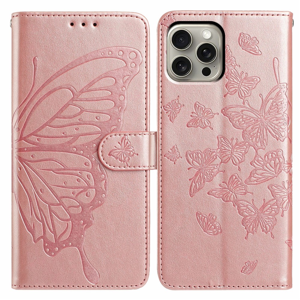 For iPhone 15 Pro Max Case Butterfly Imprinted Wallet Stand PU Leather Flip Phone Cover with Strap - Rose Gold