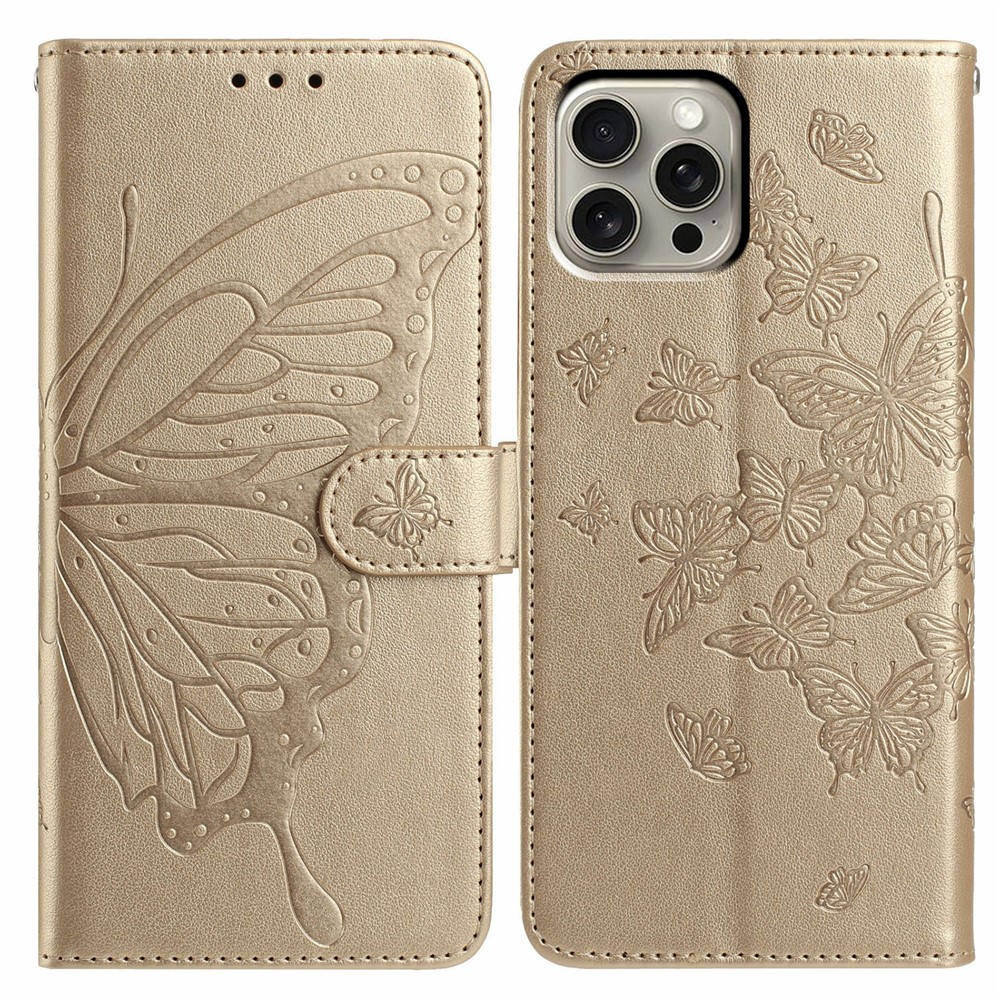 For iPhone 15 Pro Max Case Butterfly Imprinted Wallet Stand PU Leather Flip Phone Cover with Strap - Gold