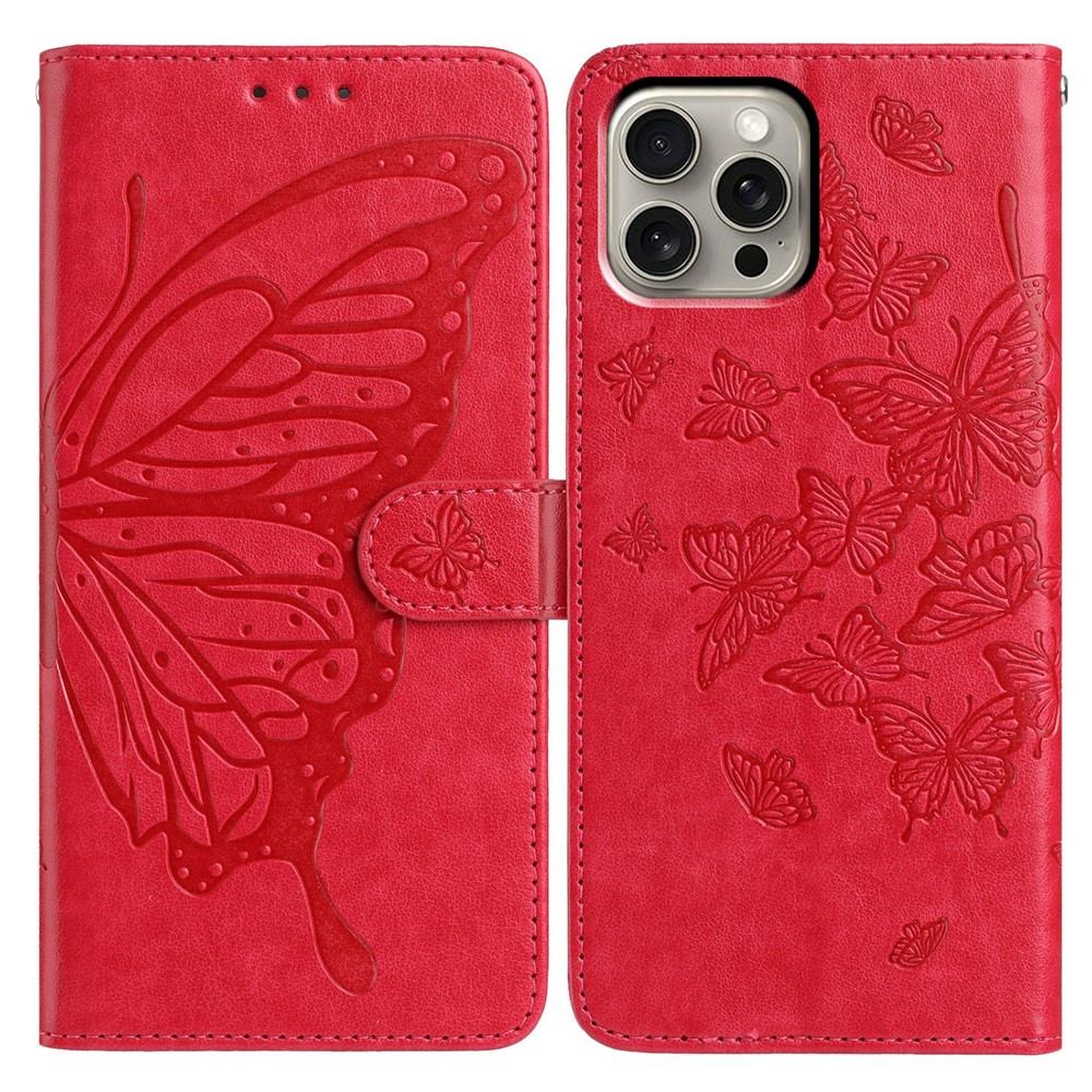 For iPhone 15 Pro Max Case Butterfly Imprinted Wallet Stand PU Leather Flip Phone Cover with Strap - Red