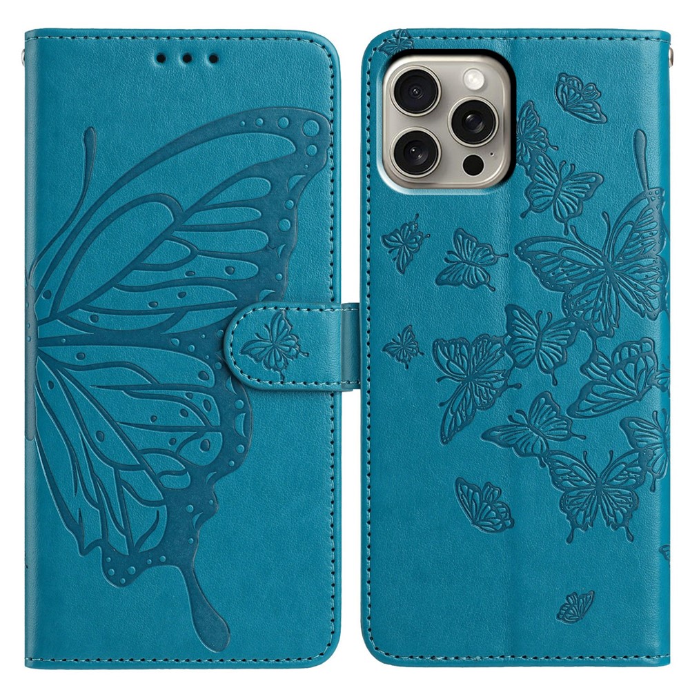 For iPhone 15 Pro Case Butterfly Imprinted Wallet Stand PU Leather Flip Phone Cover with Strap - Blue