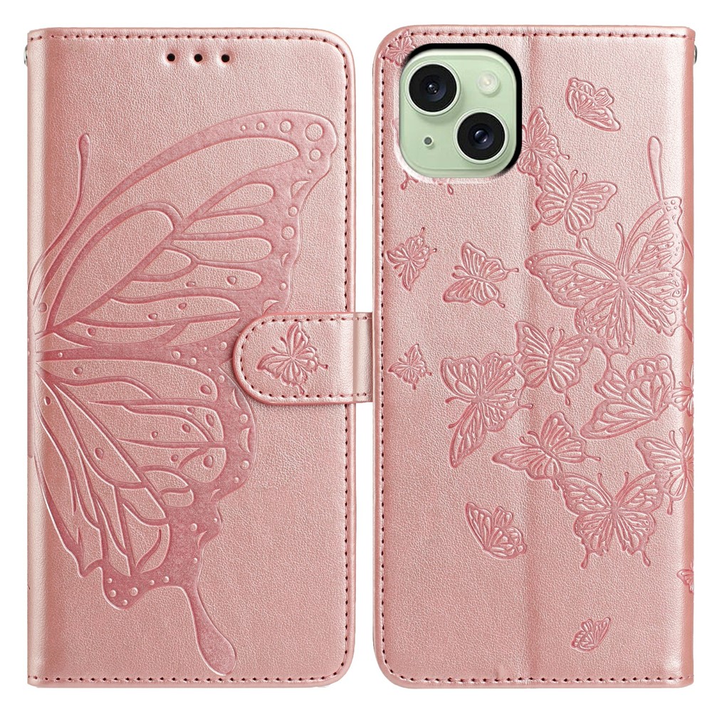 For iPhone 15 Case Butterfly Imprinted Wallet Stand PU Leather Flip Phone Cover with Strap - Rose Gold