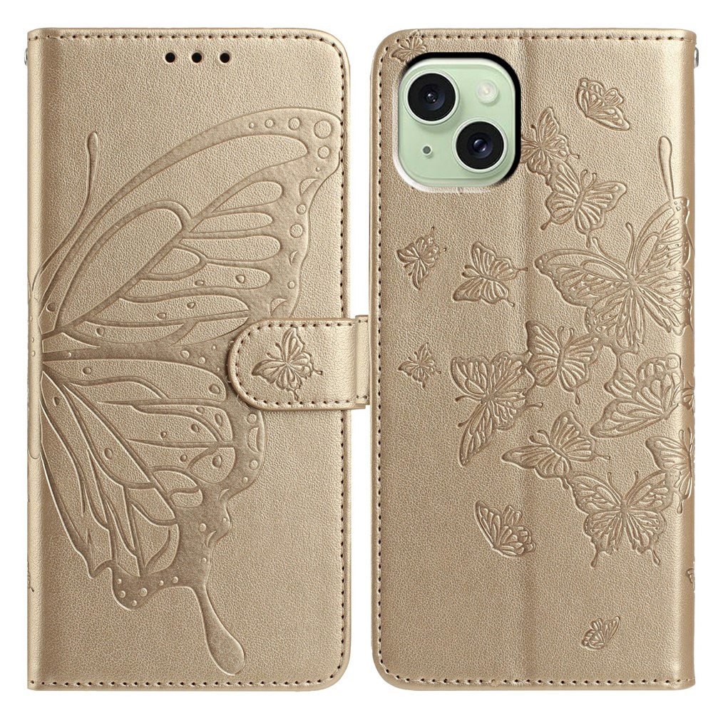 For iPhone 15 Case Butterfly Imprinted Wallet Stand PU Leather Flip Phone Cover with Strap - Gold