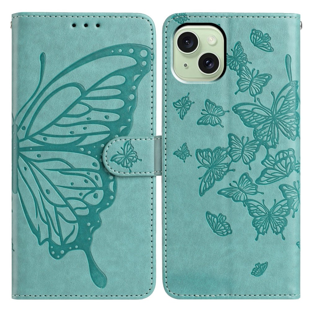 For iPhone 15 Case Butterfly Imprinted Wallet Stand PU Leather Flip Phone Cover with Strap - Green