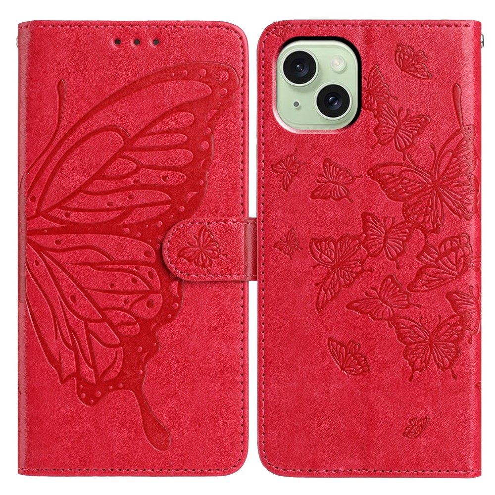 For iPhone 15 Case Butterfly Imprinted Wallet Stand PU Leather Flip Phone Cover with Strap - Red