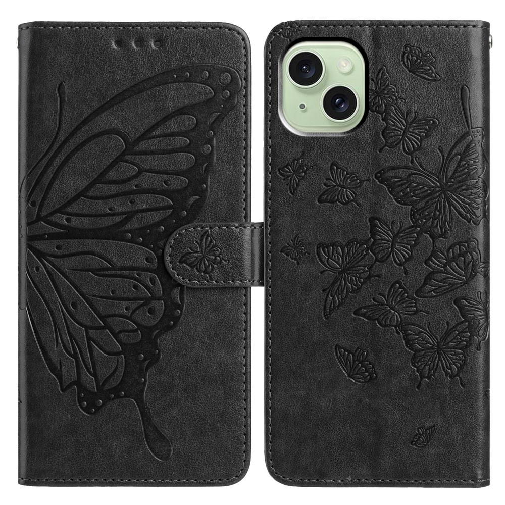 For iPhone 15 Case Butterfly Imprinted Wallet Stand PU Leather Flip Phone Cover with Strap - Black