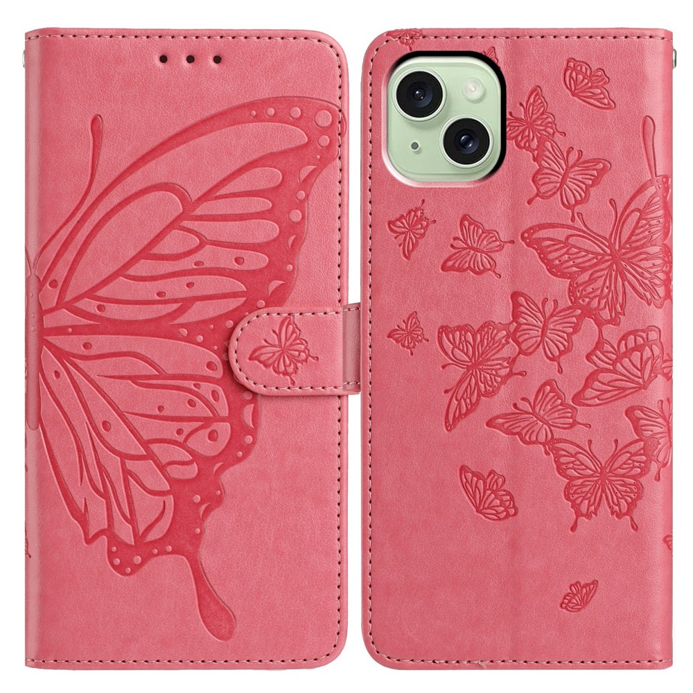 For iPhone 15 Case Butterfly Imprinted Wallet Stand PU Leather Flip Phone Cover with Strap - Rose