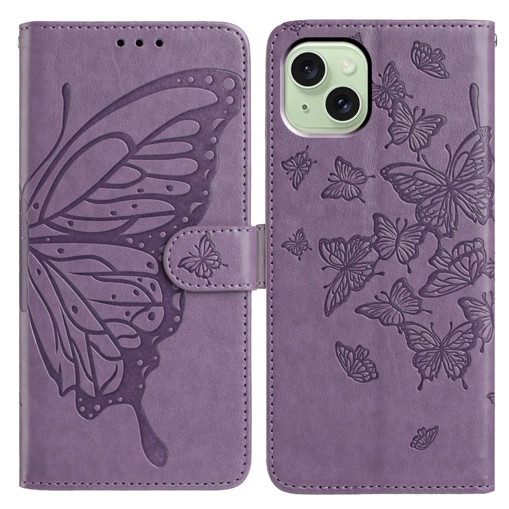 For iPhone 15 Case Butterfly Imprinted Wallet Stand PU Leather Flip Phone Cover with Strap - Purple