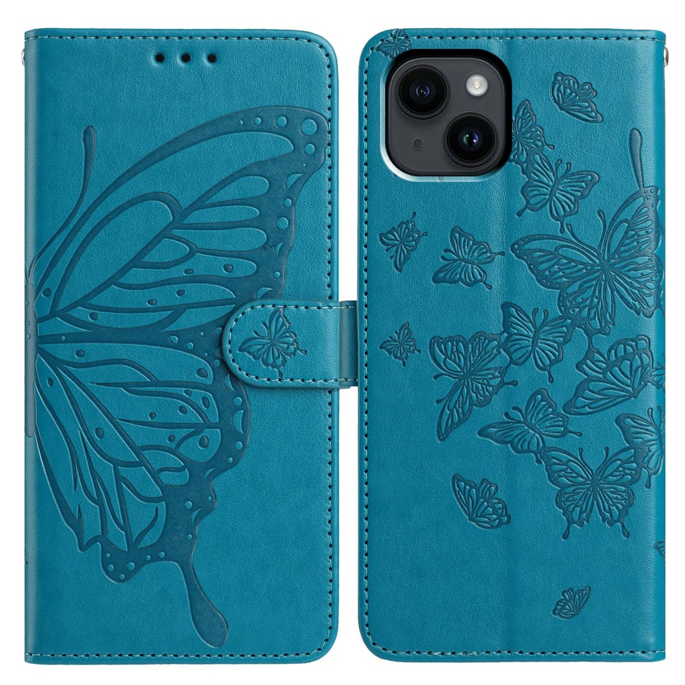For iPhone 14 Case Butterfly Imprinted Wallet Stand PU Leather Flip Phone Cover with Strap - Blue