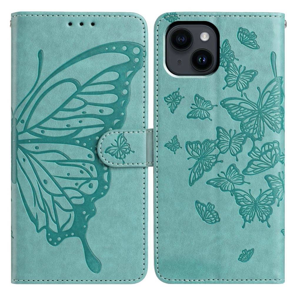 For iPhone 14 Case Butterfly Imprinted Wallet Stand PU Leather Flip Phone Cover with Strap - Green