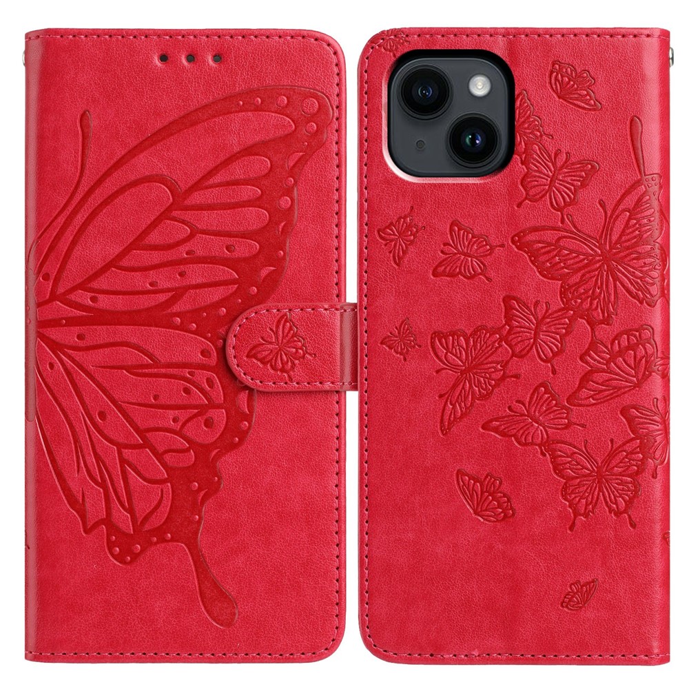 For iPhone 14 Case Butterfly Imprinted Wallet Stand PU Leather Flip Phone Cover with Strap - Red