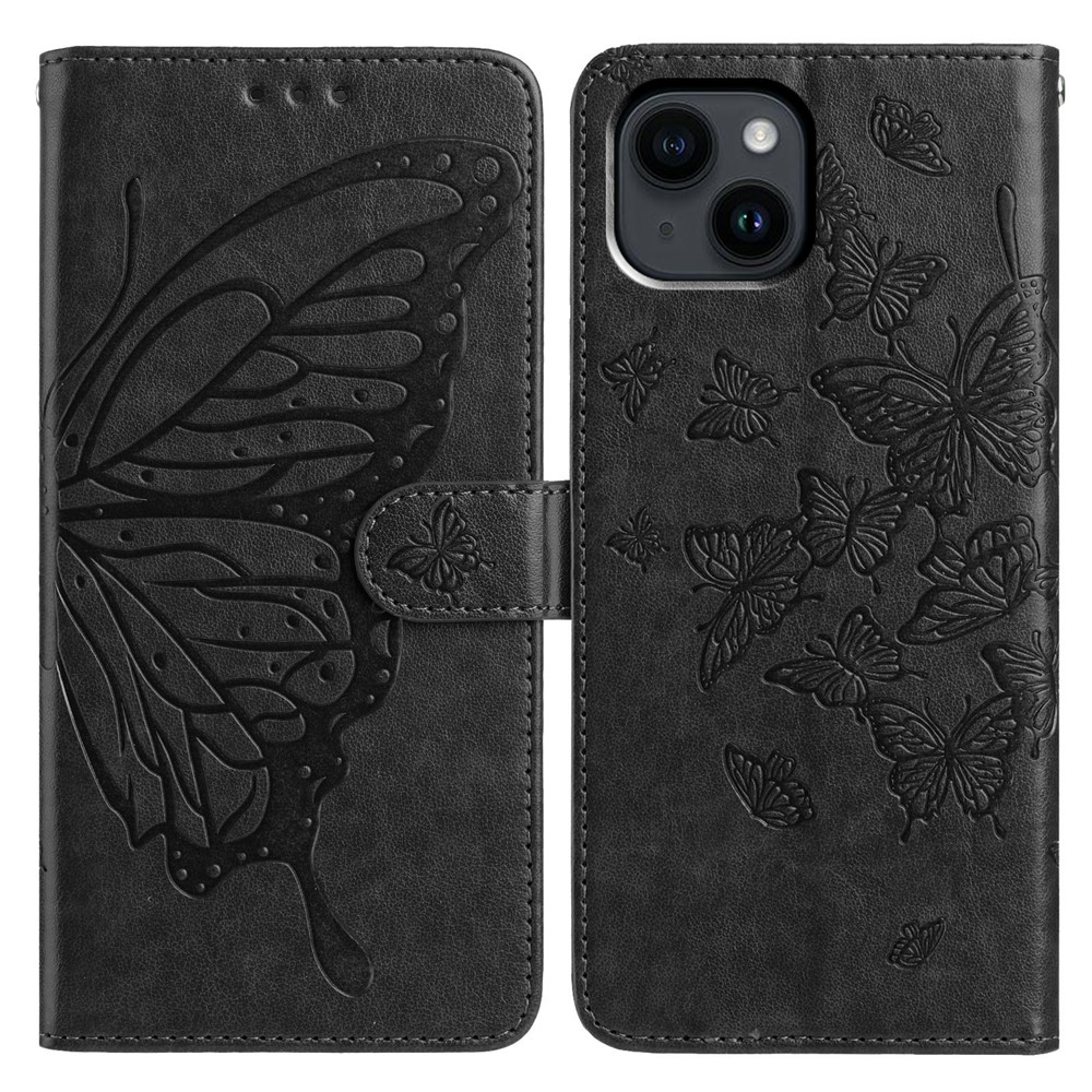 For iPhone 14 Case Butterfly Imprinted Wallet Stand PU Leather Flip Phone Cover with Strap - Black