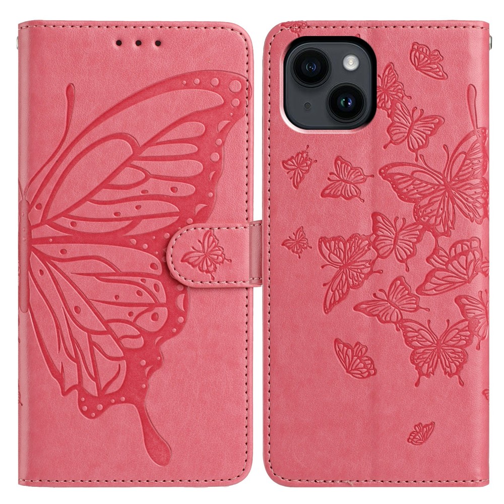 For iPhone 14 Case Butterfly Imprinted Wallet Stand PU Leather Flip Phone Cover with Strap - Rose