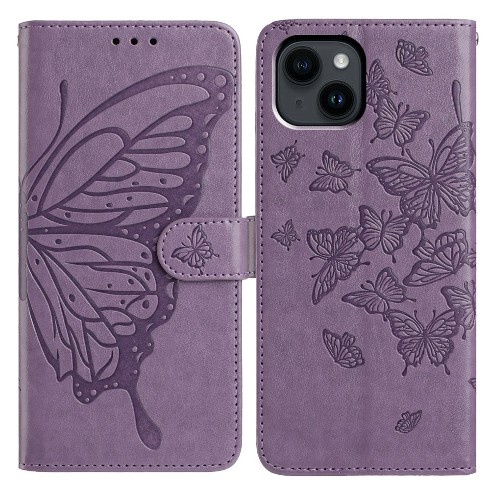 For iPhone 14 Case Butterfly Imprinted Wallet Stand PU Leather Flip Phone Cover with Strap - Purple