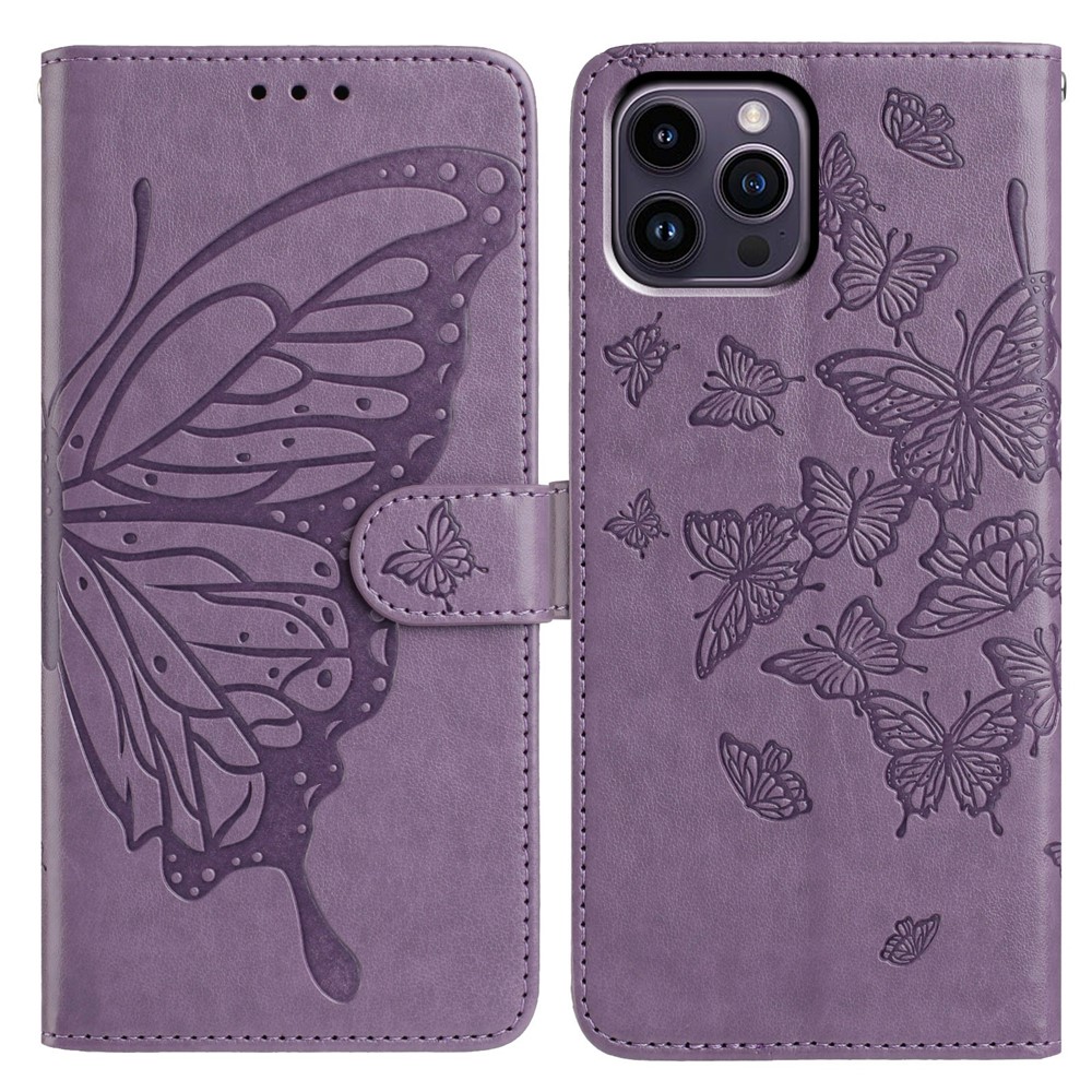 For iPhone 14 Pro Case Butterfly Imprinted Wallet Stand PU Leather Flip Phone Cover with Strap - Purple