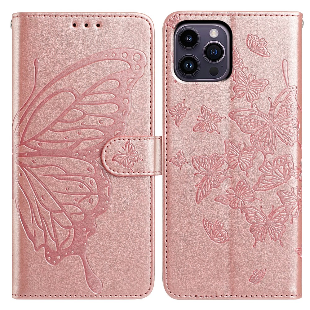 For iPhone 14 Pro Max Case Butterfly Imprinted Wallet Stand PU Leather Flip Phone Cover with Strap - Rose Gold