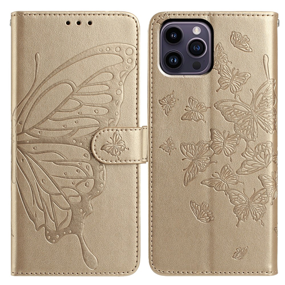 For iPhone 14 Pro Max Case Butterfly Imprinted Wallet Stand PU Leather Flip Phone Cover with Strap - Gold